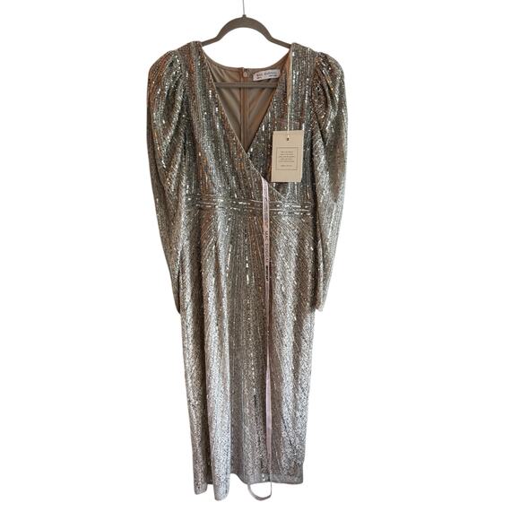 Mac Duggal 93676 Silver Beaded Lace Long Sleeve Midi Dress size 10 New with Tags - Picture 3 of 8